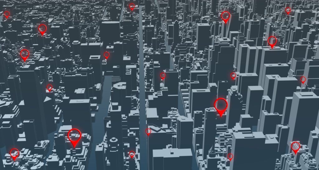 Advanced Geofencing, GPS tracking icons on a city map highlighting vehicle and asset locations for fleet management.