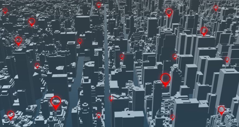 Advanced Geofencing, GPS tracking icons on a city map highlighting vehicle and asset locations for fleet management.