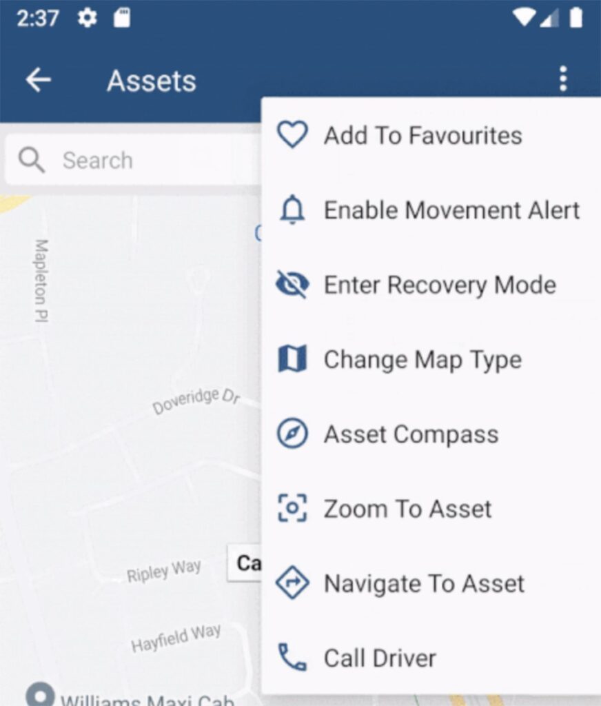 TG Mobile App Features, Real-time GPS asset tracking app interface showcasing map features for fleet management.