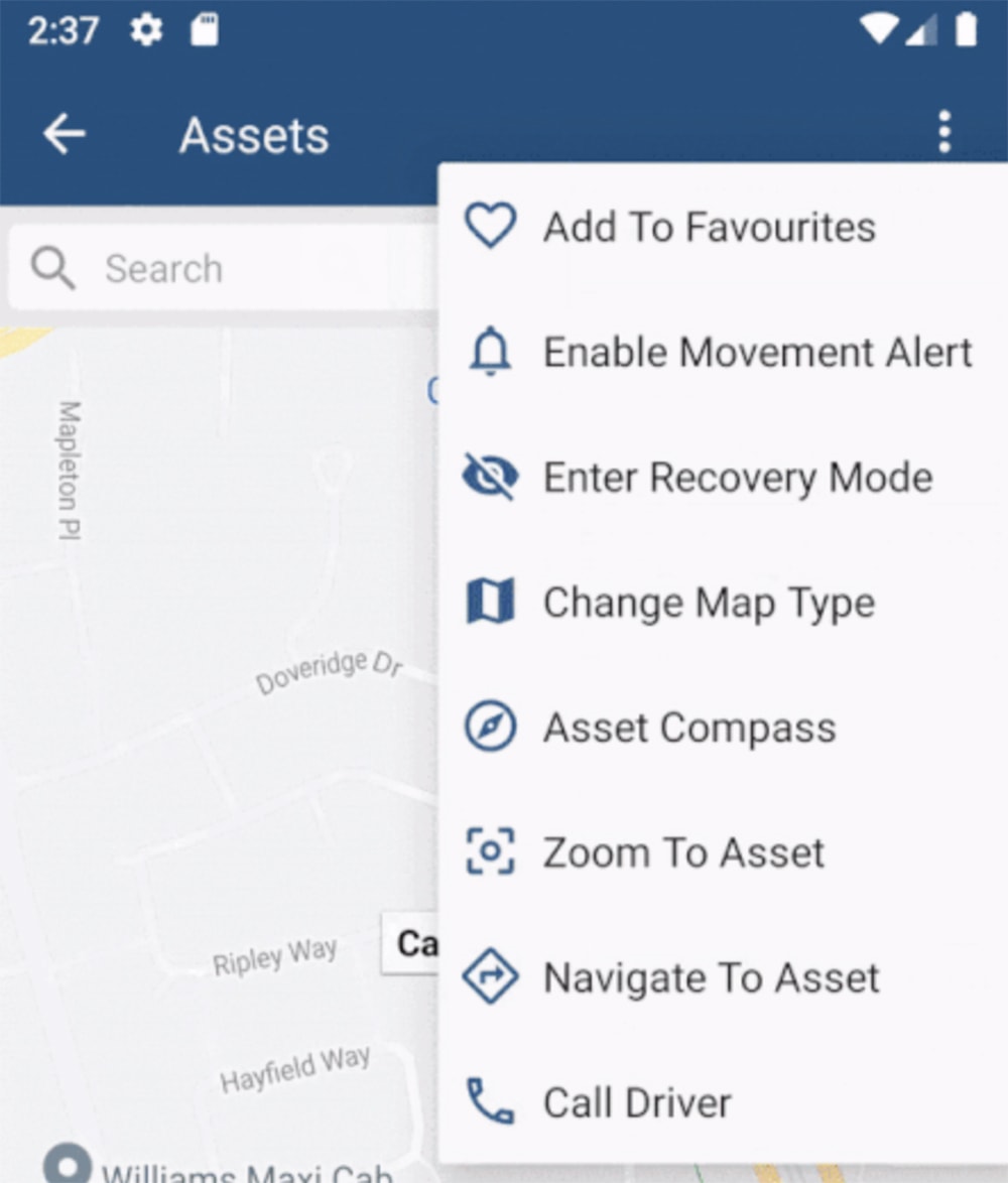 TG Mobile App Features, Real-time GPS asset tracking app interface showcasing map features for fleet management.