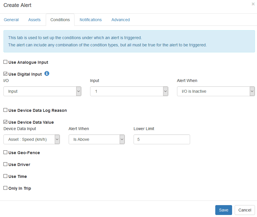 GPS tracking alert setup for vehicle speed monitoring using digital input data and asset speed parameters.