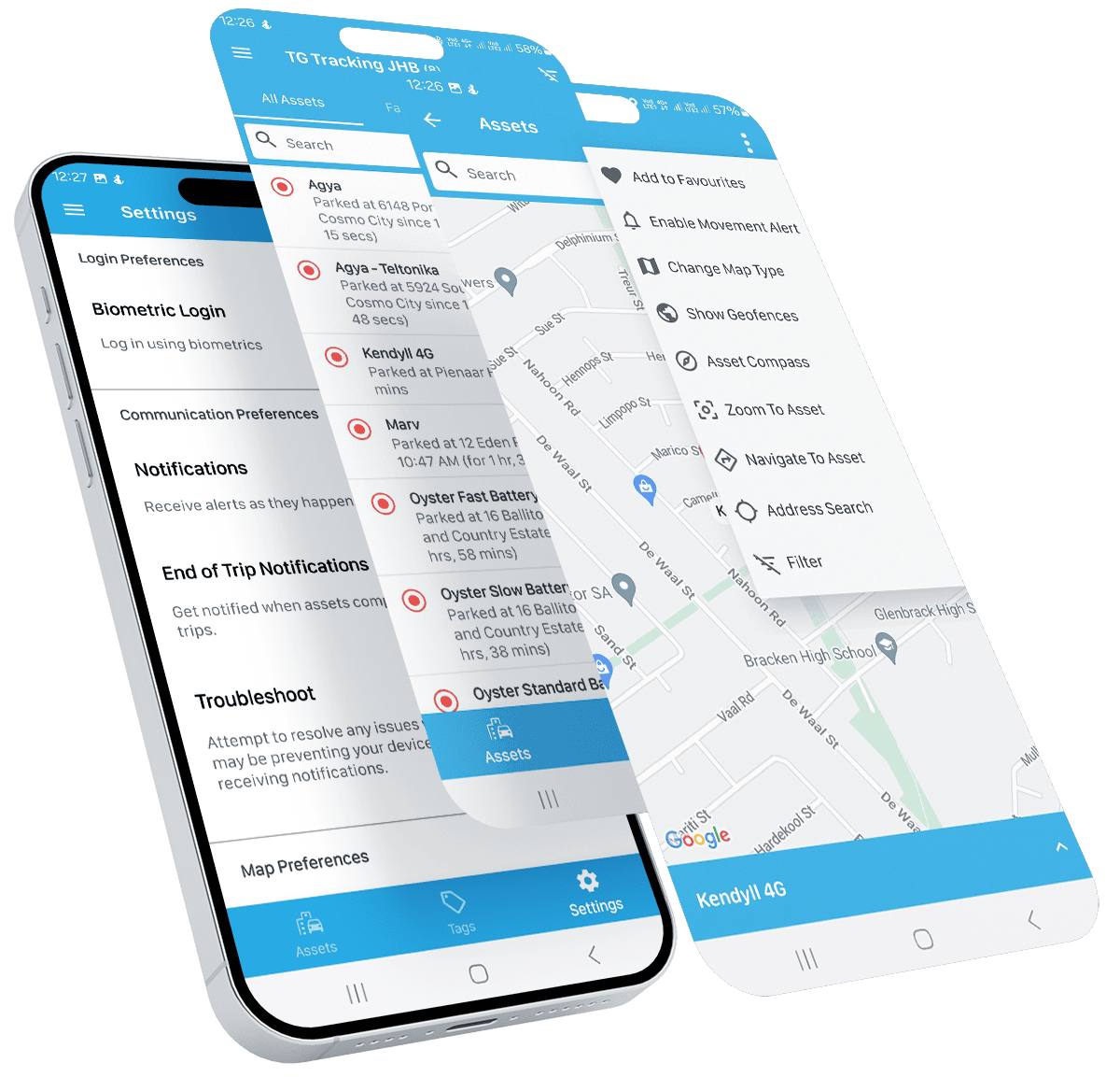 A sleek 3D mockup of the TG Tracking mobile app interface displayed on a modern smartphone. The app features settings, a detailed asset list with location updates, and a map with navigation options, showcasing its intuitive design and real-time tracking capabilities.