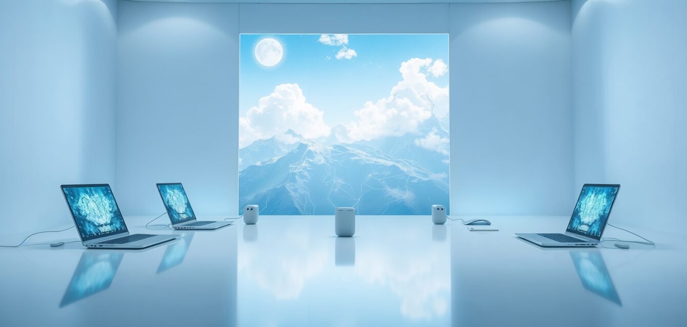 Device Integration, Real-time GPS tracking devices on laptops with mountain and cloud digital background.