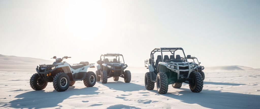 ATV and UTV GPS Tracking off-road vehicles on sandy desert terrain with GPS tracking devices installed.