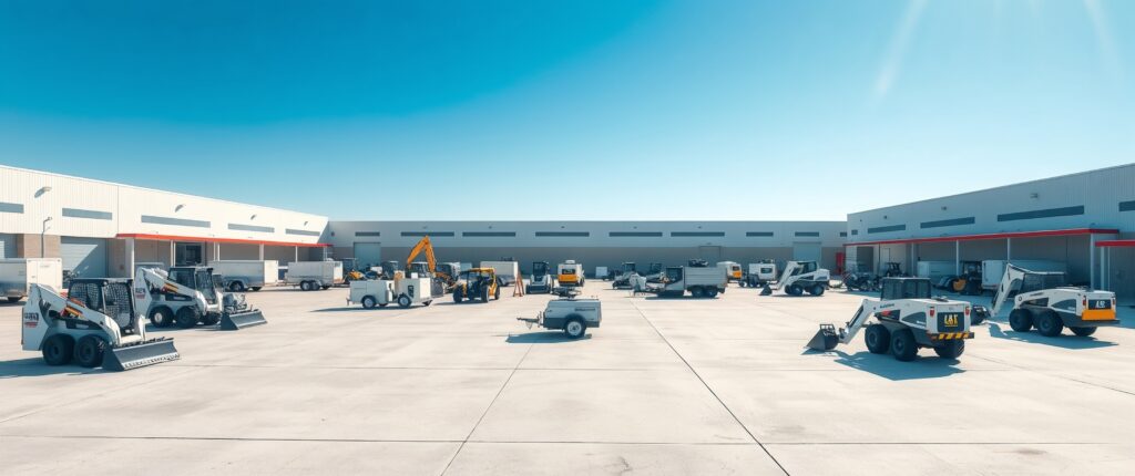 Rental Equipment GPS Tracking, Mobile equipment and machinery fleet parking lot with GPS tracking technology.