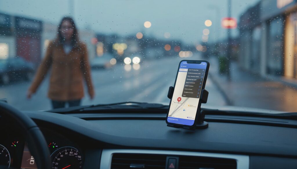 Real-time GPS tracking on a smartphone mounted inside a vehicle during rainy weather.