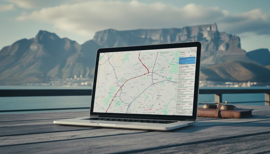 GPS tracking software displayed on a laptop outdoors with a mountain view.